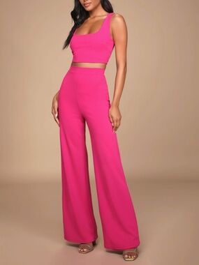 Lulus Only Tonight Hot Pink Two-piece Wide-leg Jumpsuit - Size S